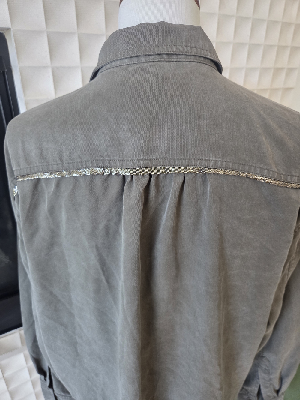 Free People Off Campus Button-Down Shirt Olive Green Metallic Trim - Picture 8 of 11